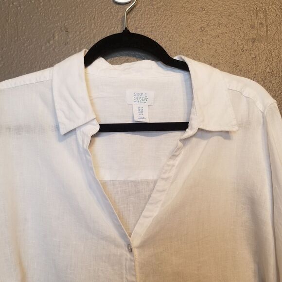 Sigrid Olsen 1X Top White 100% Linen Button Front V Neck Beach Coastal Lagenlook - Picture 5 of 9